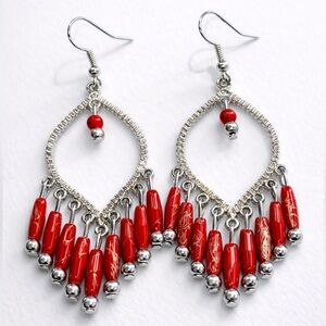 Western Boho Red Beaded Fringe Dangle Earrings Silver Tone Statement Chic